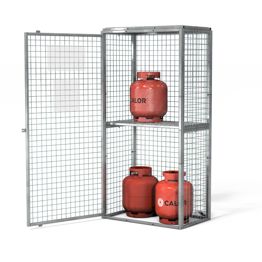 Armorgard Gorilla Gas Cage GGC2 – galvanised gas cylinder storage cage with shelf, stackable and collapsible for industrial use.